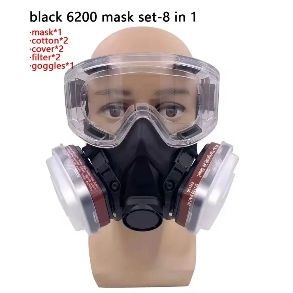 6200 Black Half Face Respirator Mask & Anti-Fog Goggles‎ Set (8-In-1 Kit)